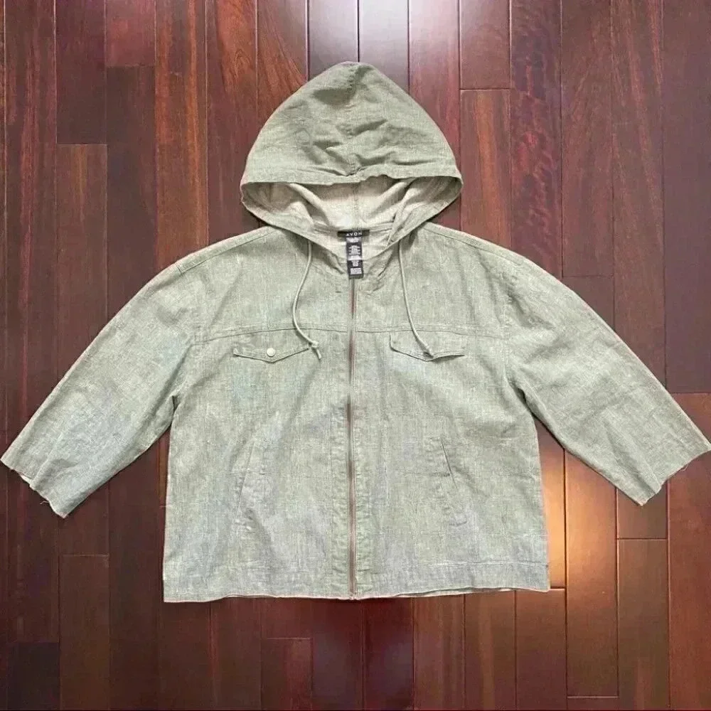 Avon Linen Jacket Cropped Lightweight Spring Fall Hood Olive Green Large - Picture 16 of 16